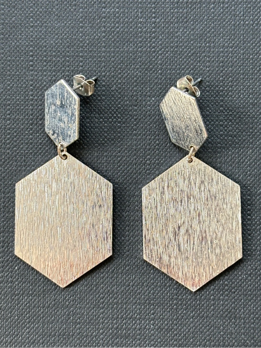 Brushed Hexagon Drop Earrings in Silver Tone